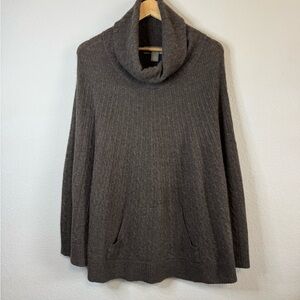 Ply Cashmere Brown Cable Knit Turtleneck Poncho Cape Topper Shawl Top